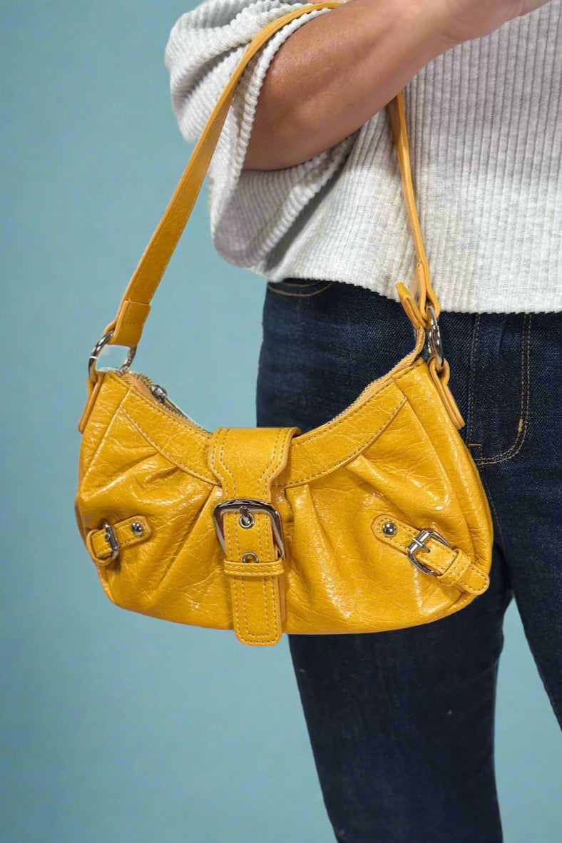 Grunge Buckle Baguette Shoulder Bag - Mustard