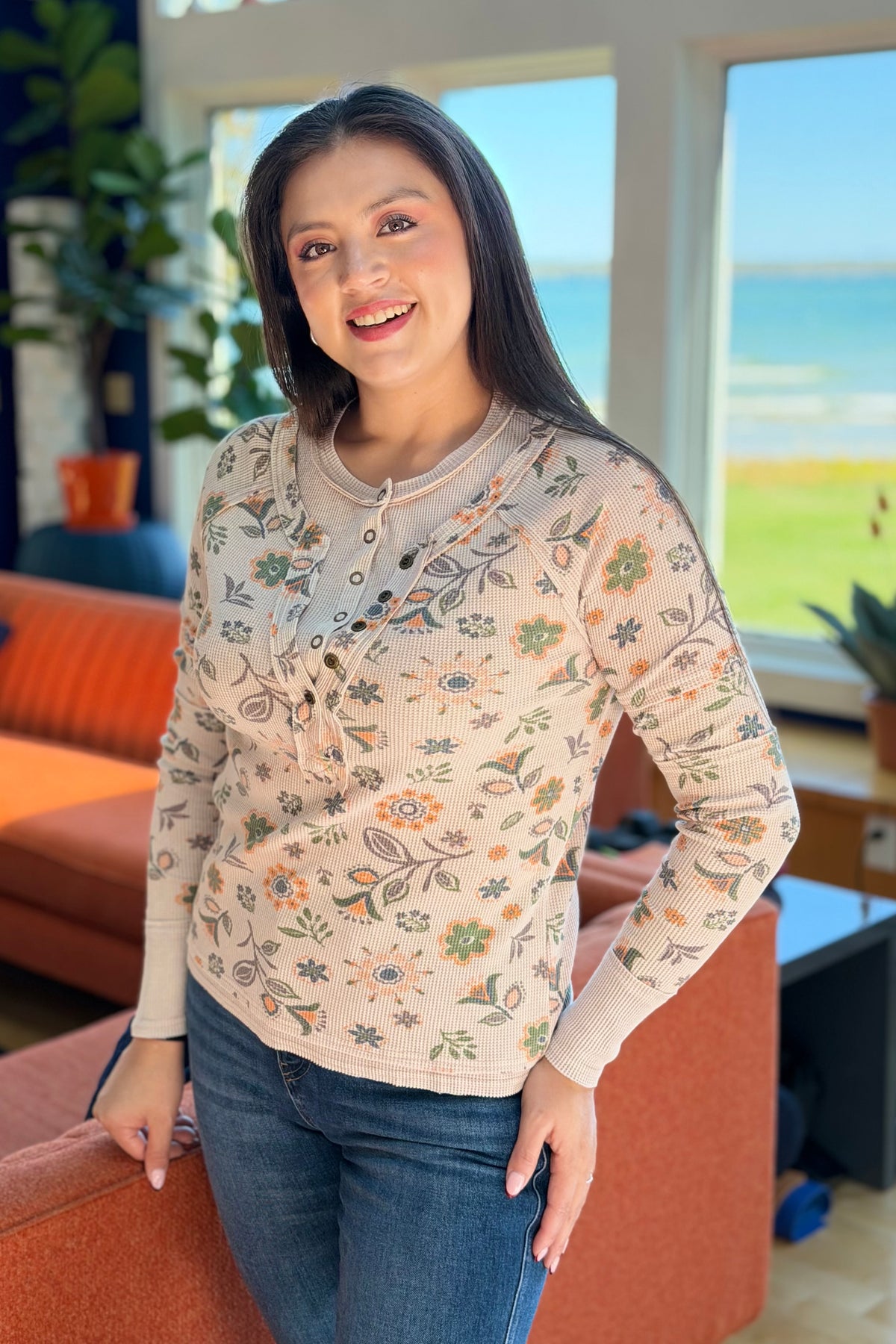 Floral Henley Thumbhole - Ecru