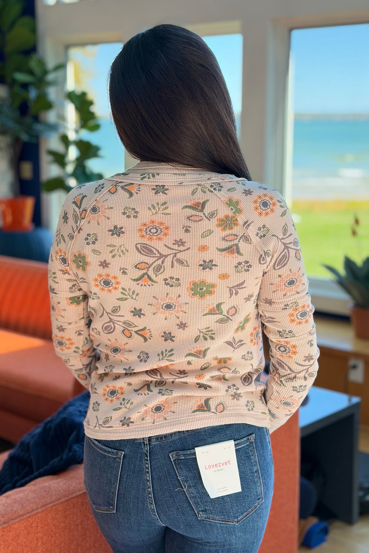 Floral Henley Thumbhole - Ecru