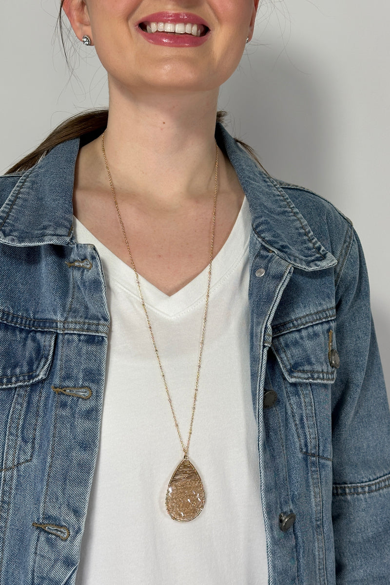 Beaded Tear Pendant Long Necklace - Gold