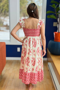 Smocked Ruffle Strap Midi Dress - Red