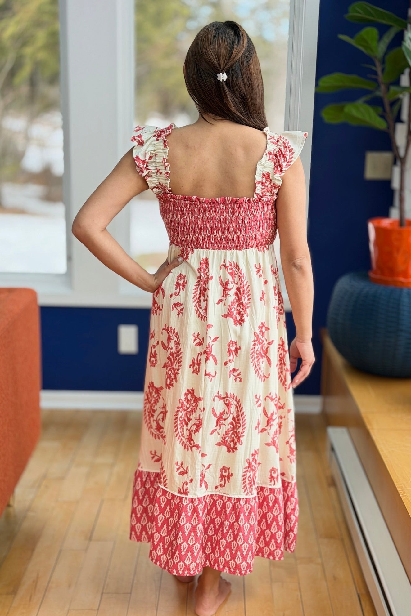 Smocked Ruffle Strap Midi Dress - Red