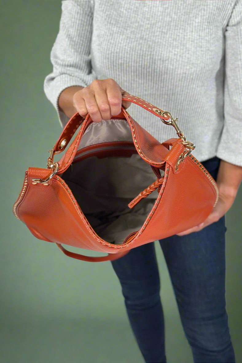 Carly Studded Crossbody Hobo - Rust
