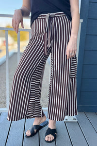 Stripe Wide Leg Pants - Brown