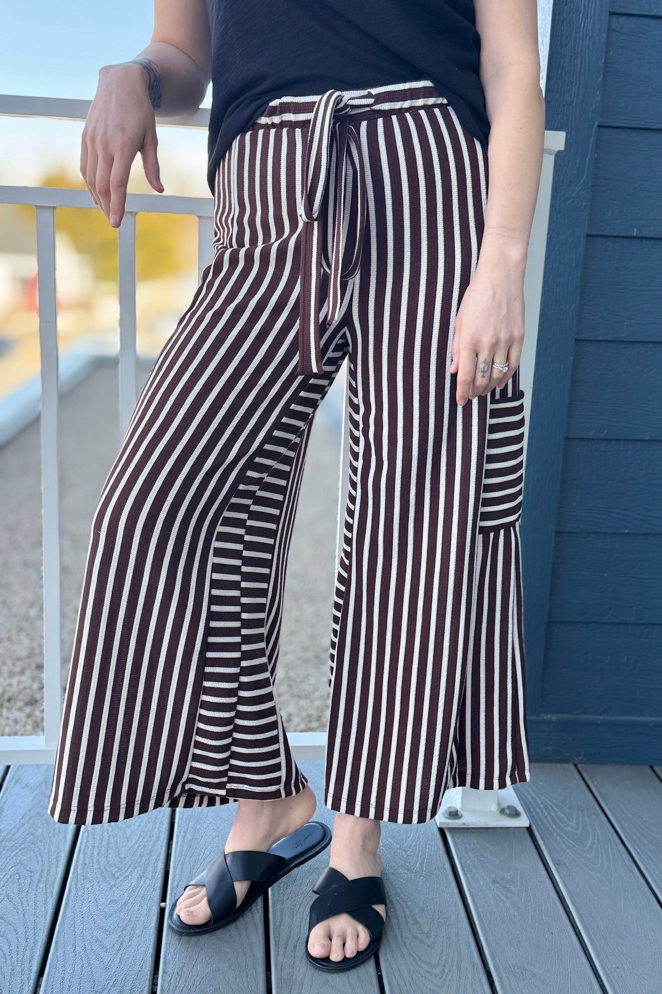 Stripe Wide Leg Pants - Brown