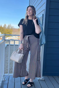Stripe Wide Leg Pants - Brown