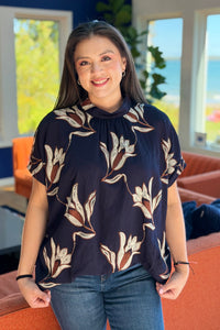 Embroidered Mock Neck Top - Midnight