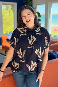 Embroidered Mock Neck Top - Midnight