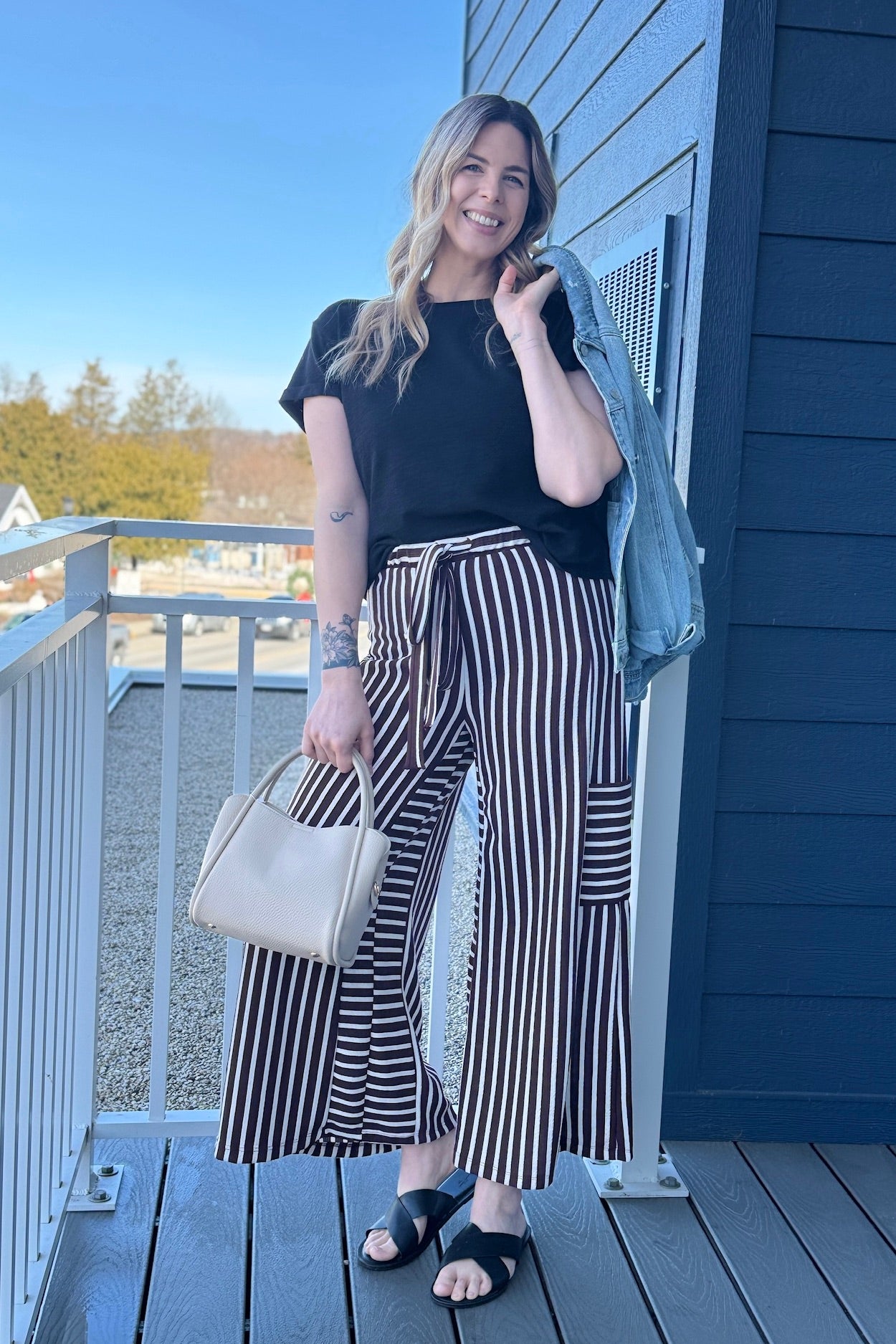 Stripe Wide Leg Pants - Brown