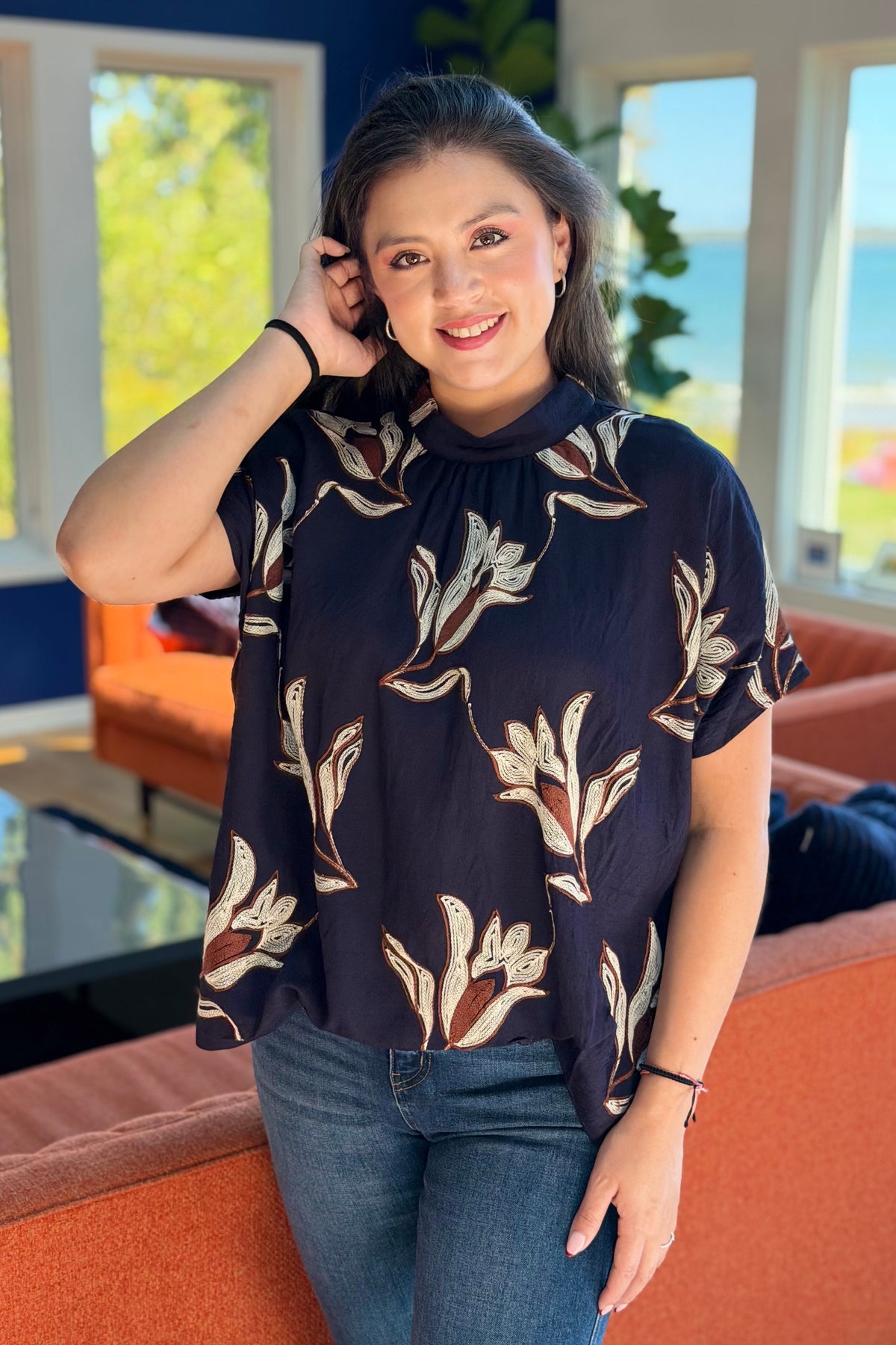 Embroidered Mock Neck Top - Midnight