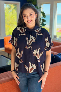Embroidered Mock Neck Top - Midnight