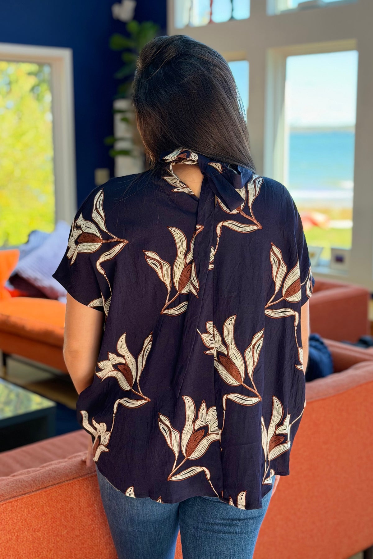 Embroidered Mock Neck Top - Midnight