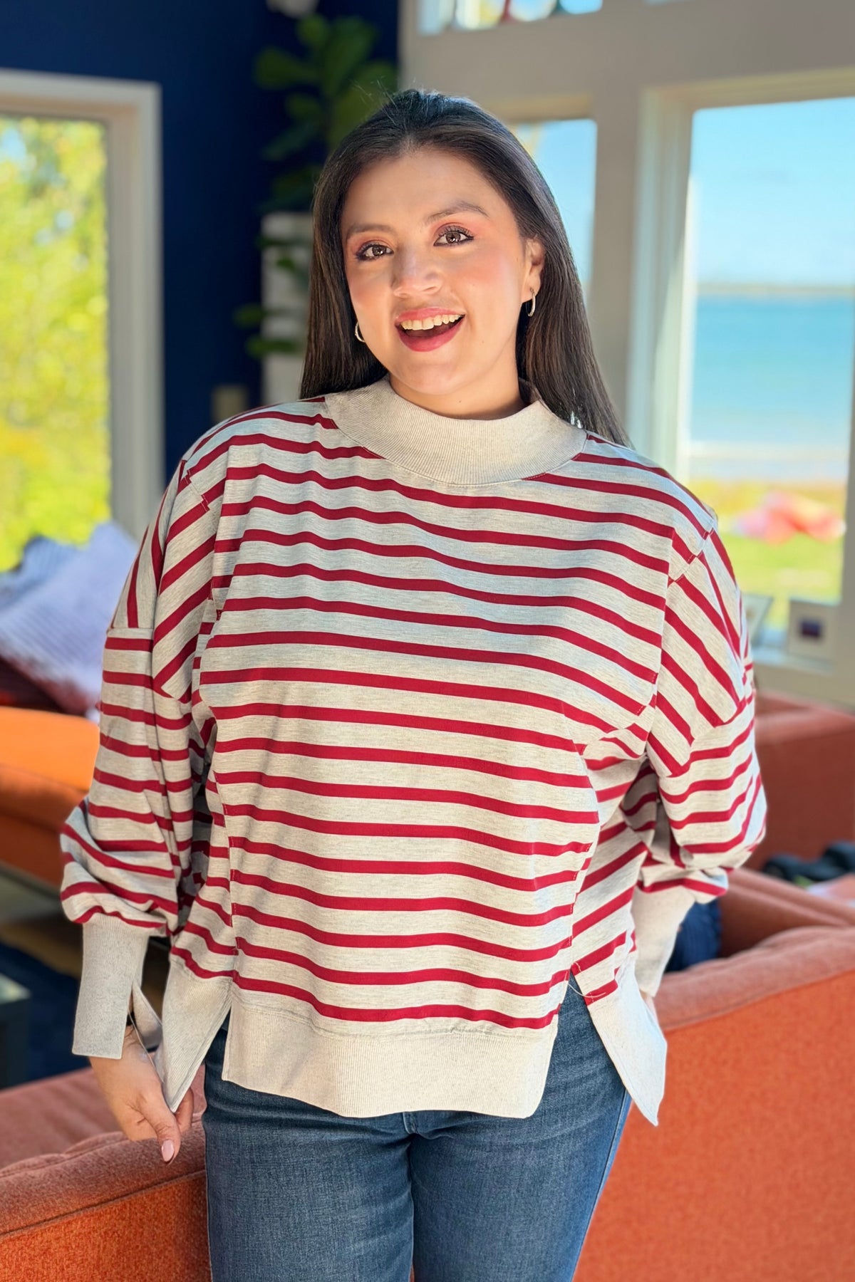 Striped Mock Neck Sweatshirt - Red