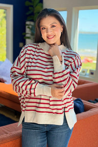 Striped Mock Neck Sweatshirt - Red