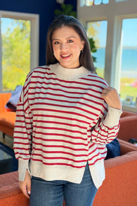 Striped Mock Neck Sweatshirt - Red