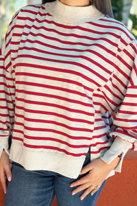 Striped Mock Neck Sweatshirt - Red