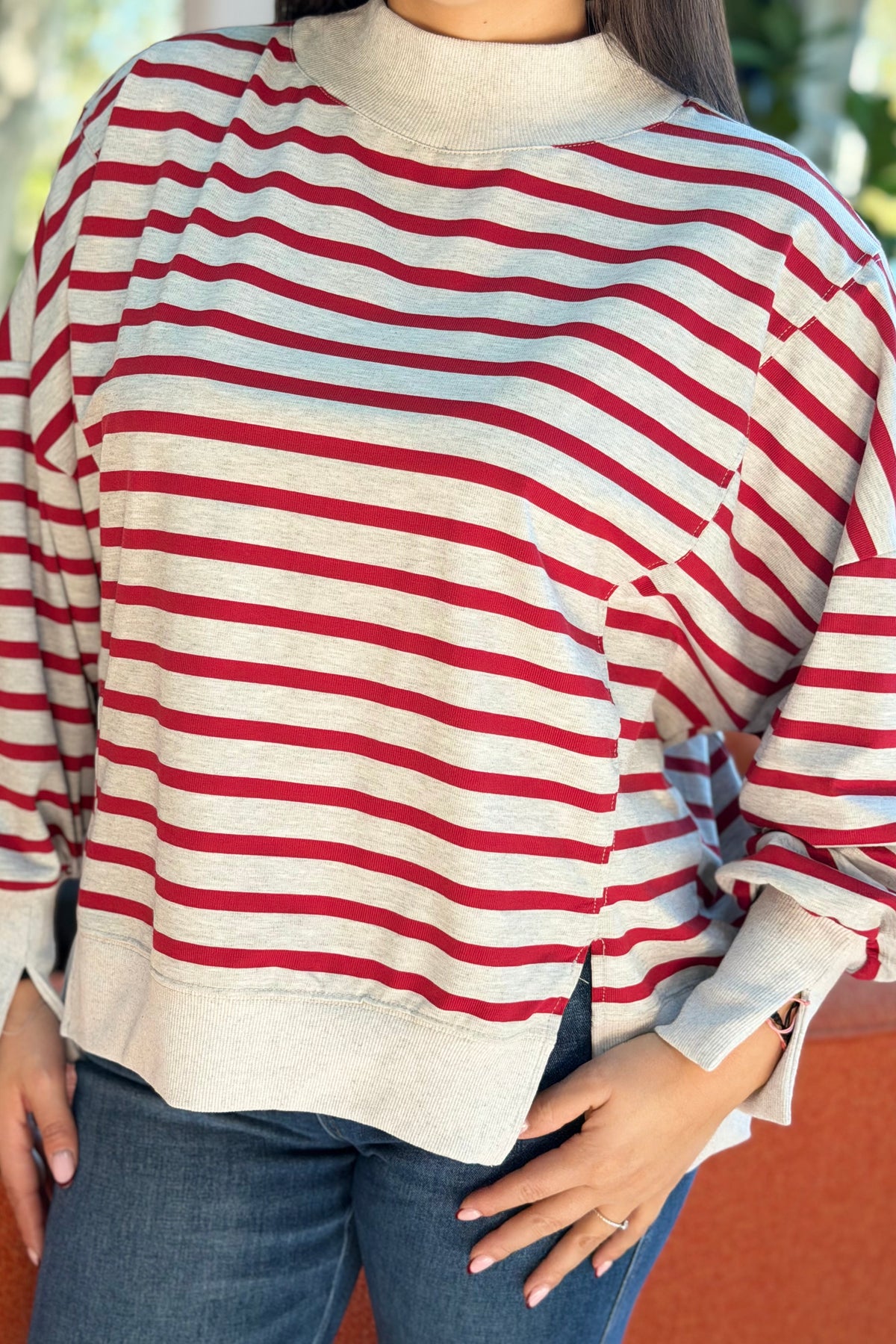 Striped Mock Neck Sweatshirt - Red