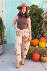 Corduroy Floral Barrel Pants - Khaki