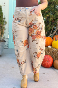 Corduroy Floral Barrel Pants - Khaki