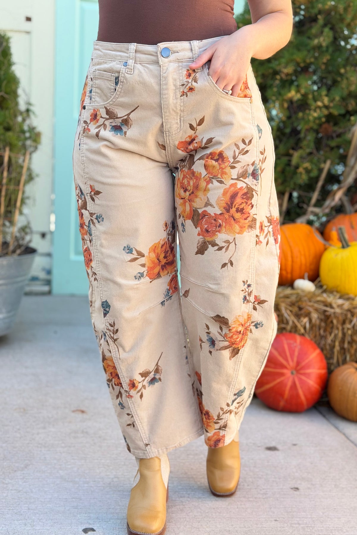 Corduroy Floral Barrel Pants - Khaki