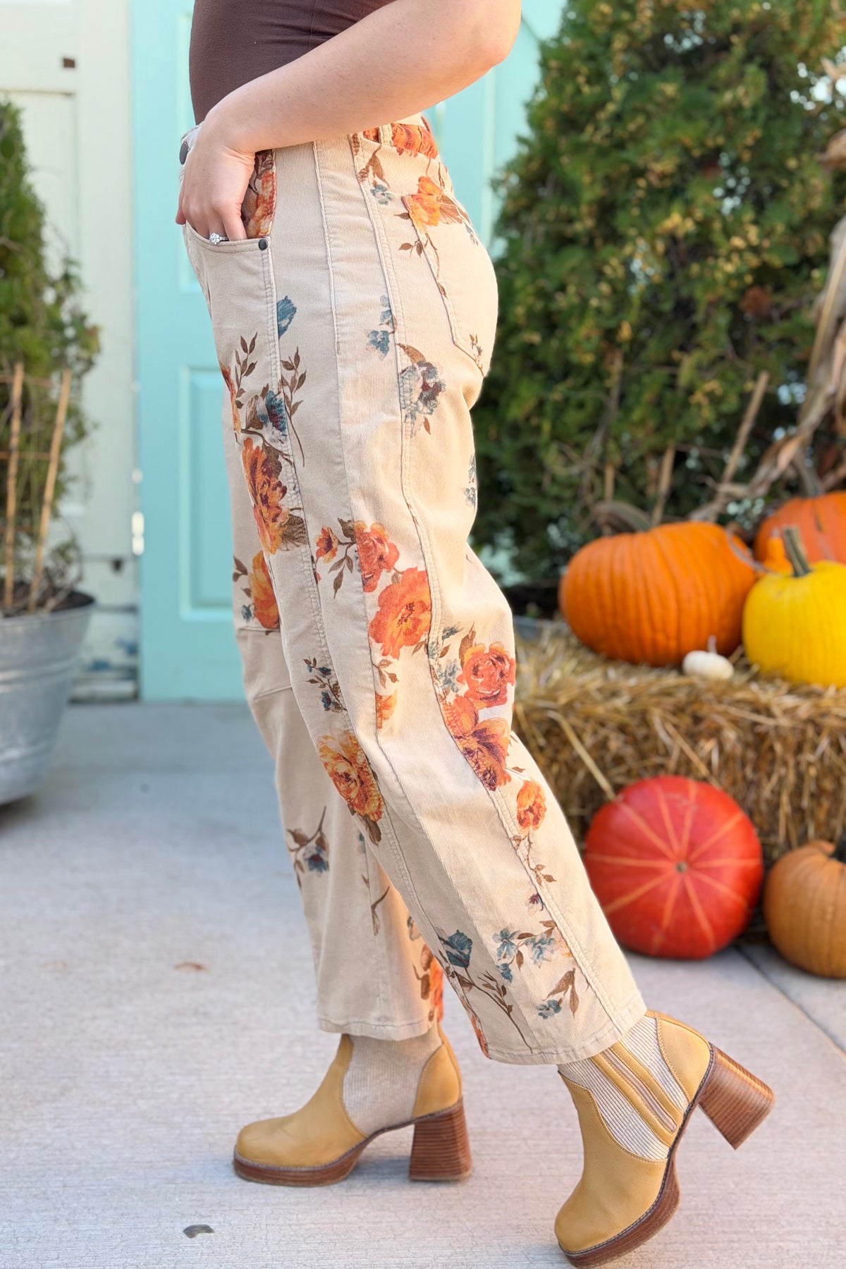 Corduroy Floral Barrel Pants - Khaki