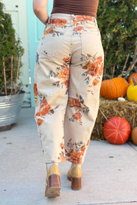 Corduroy Floral Barrel Pants - Khaki