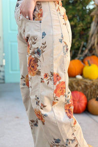 Corduroy Floral Barrel Pants - Khaki