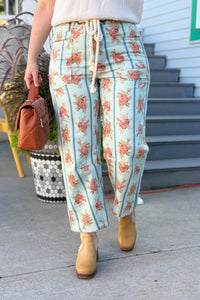 Floral Stripe Twill Pants - Blue