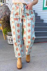 Floral Stripe Twill Pants - Blue