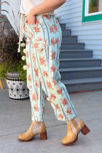 Floral Stripe Twill Pants - Blue