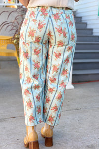 Floral Stripe Twill Pants - Blue