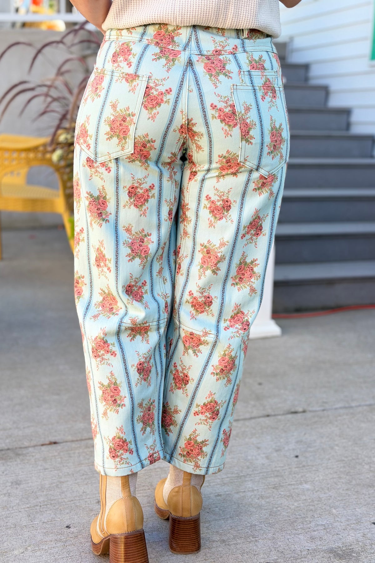 Floral Stripe Twill Pants - Blue
