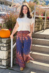 Border Print Challis Pants - Blueberry