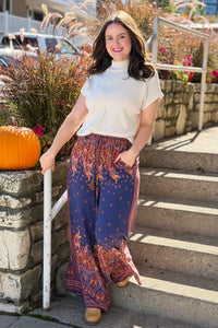 Border Print Challis Pants - Blueberry
