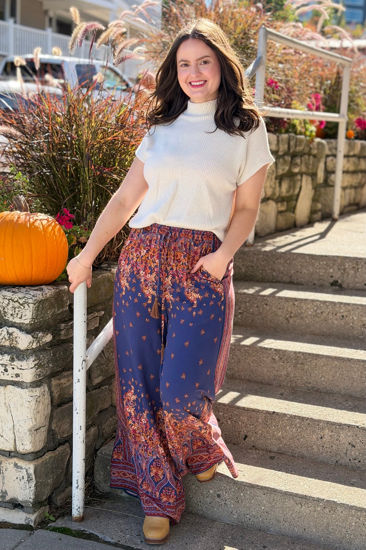 Border Print Challis Pants - Blueberry