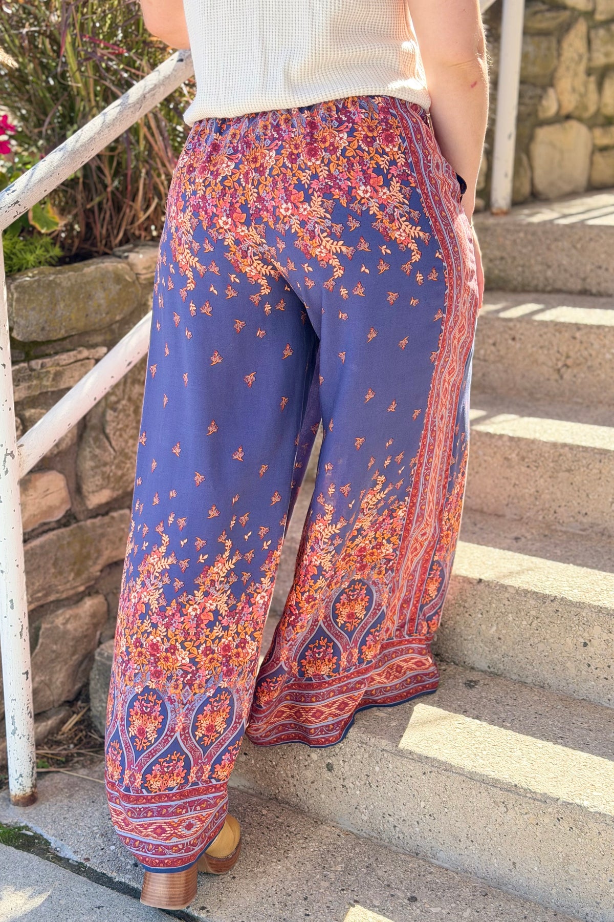 Border Print Challis Pants - Blueberry