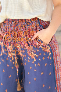 Border Print Challis Pants - Blueberry