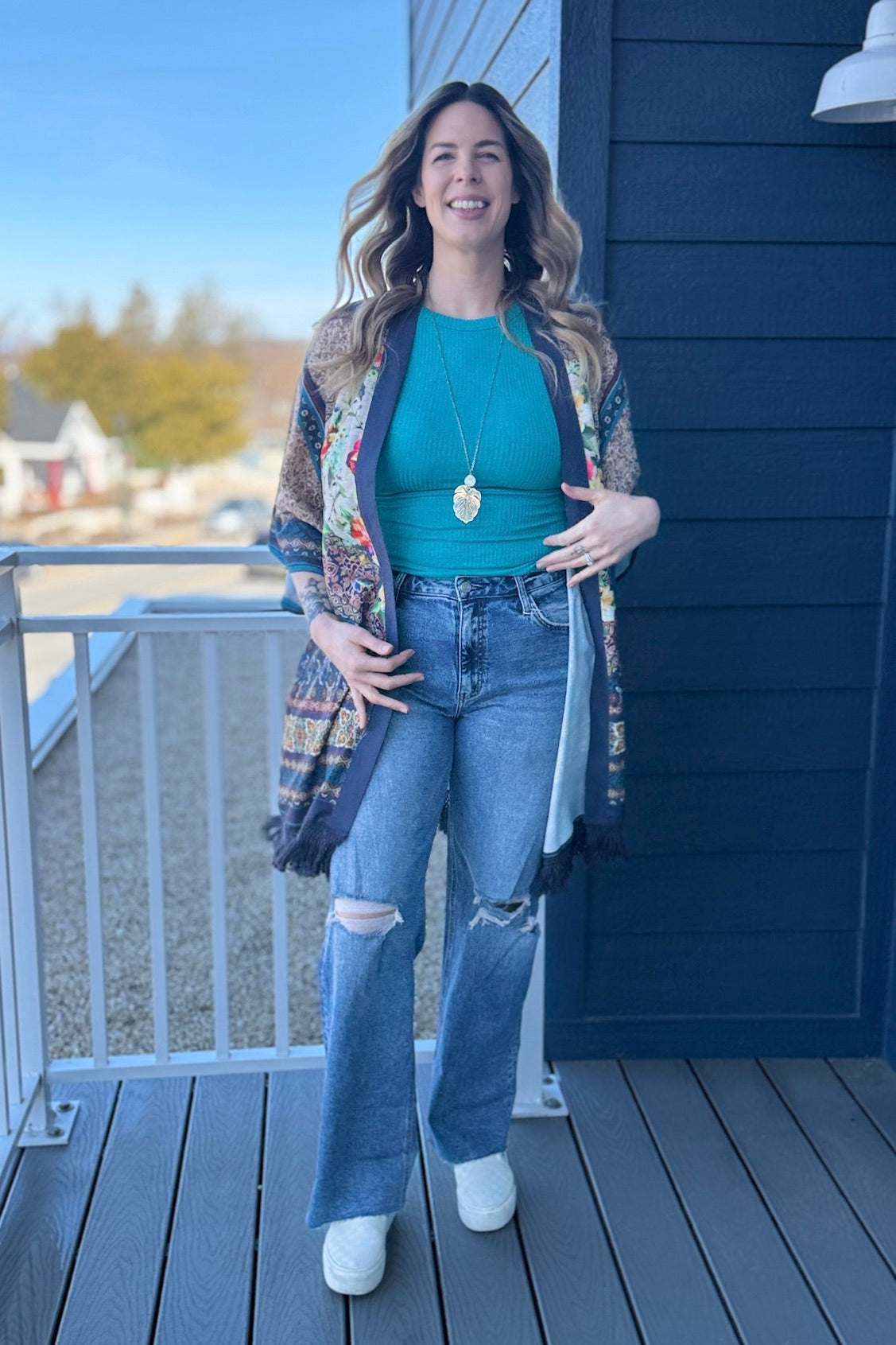 Fringe Open Kimono - Teal