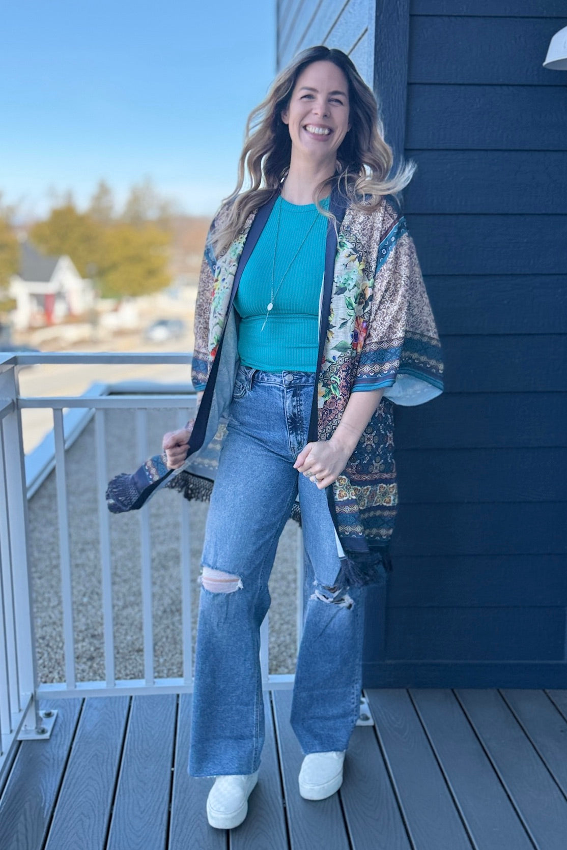 Fringe Open Kimono - Teal
