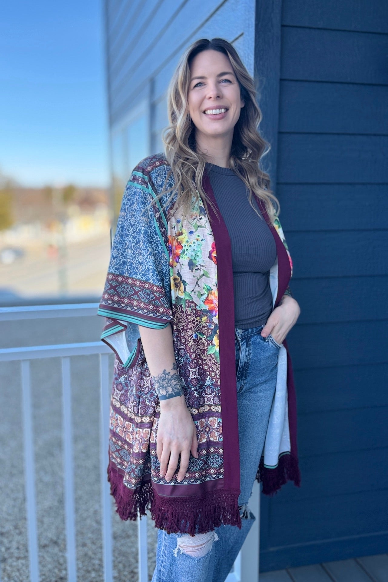 Fringe Open Kimono - Maroon