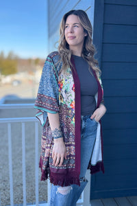 Fringe Open Kimono - Maroon