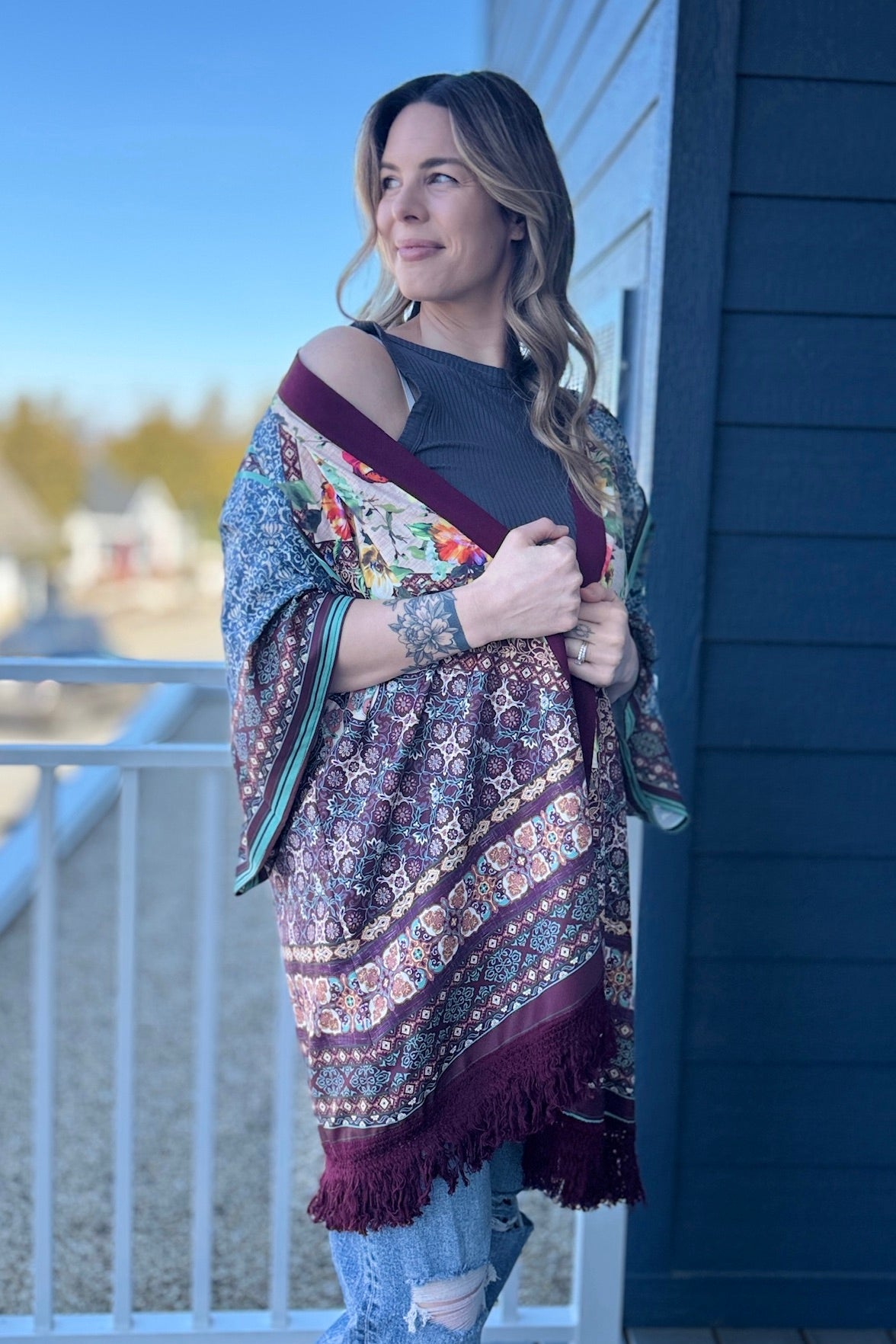 Fringe Open Kimono - Maroon