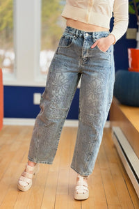 Embroidered Cotton Barrel Pants - Denim