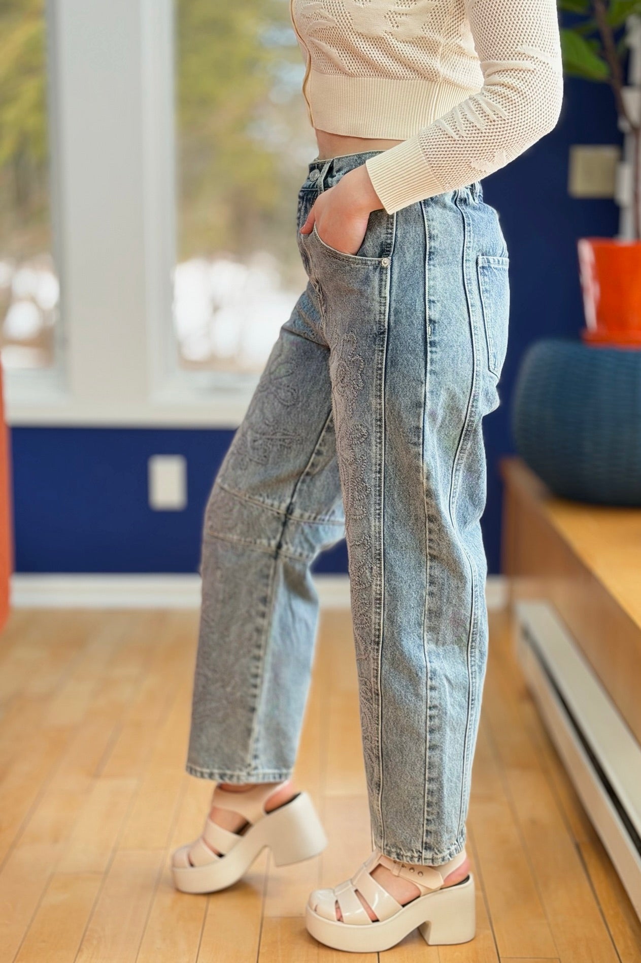 Embroidered Cotton Barrel Pants - Denim