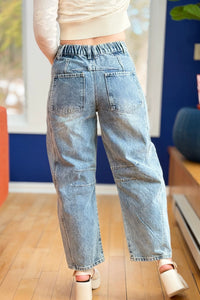 Embroidered Cotton Barrel Pants - Denim
