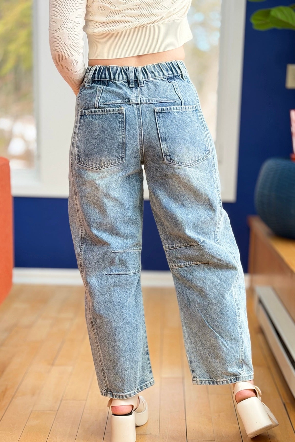 Embroidered Cotton Barrel Pants - Denim