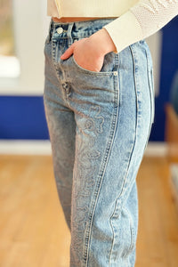 Embroidered Cotton Barrel Pants - Denim