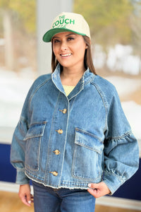 Balloon Sleeve Denim Jacket Drawstring Waist