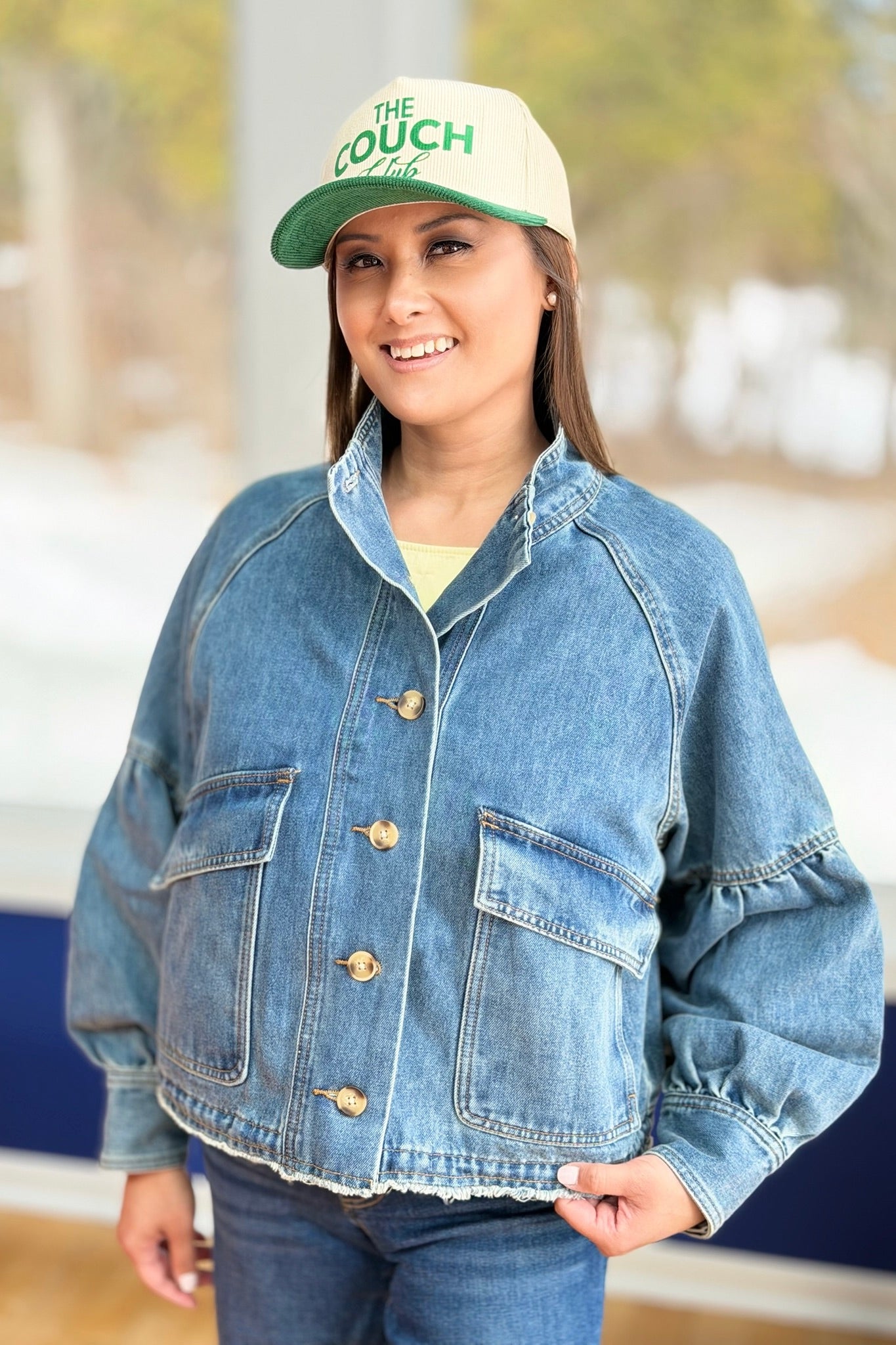 Balloon Sleeve Denim Jacket Drawstring Waist