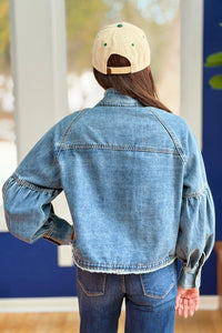 Balloon Sleeve Denim Jacket Drawstring Waist